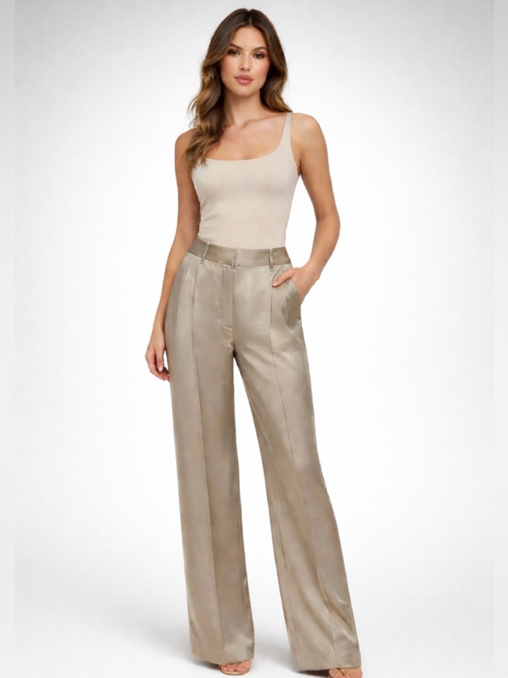 Aritzia Effortless Pants in Nomad Taupe Satin Wide Leg Trousers Size 12
